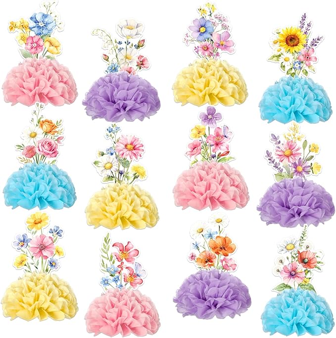 12Pcs Wildflowers Party Honeycomb Centerpieces Wildflower Spring Birthday Party Decorations Table Centerpieces Flower Birthday Paper Centerpieces for Wedding Baby Shower Supplies
