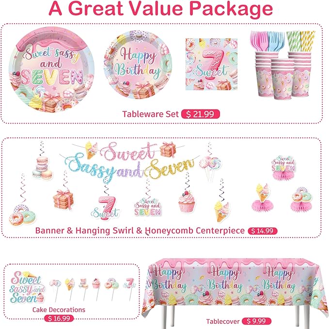 Xynic 200pcs 7th Birthday Decorations for Girls, Convenient Paper Tableware Set Includes Threaded Banner 350gsm Plates and Foil Balloons, for Sweet Sassy and 7 Birthday, Serves 25