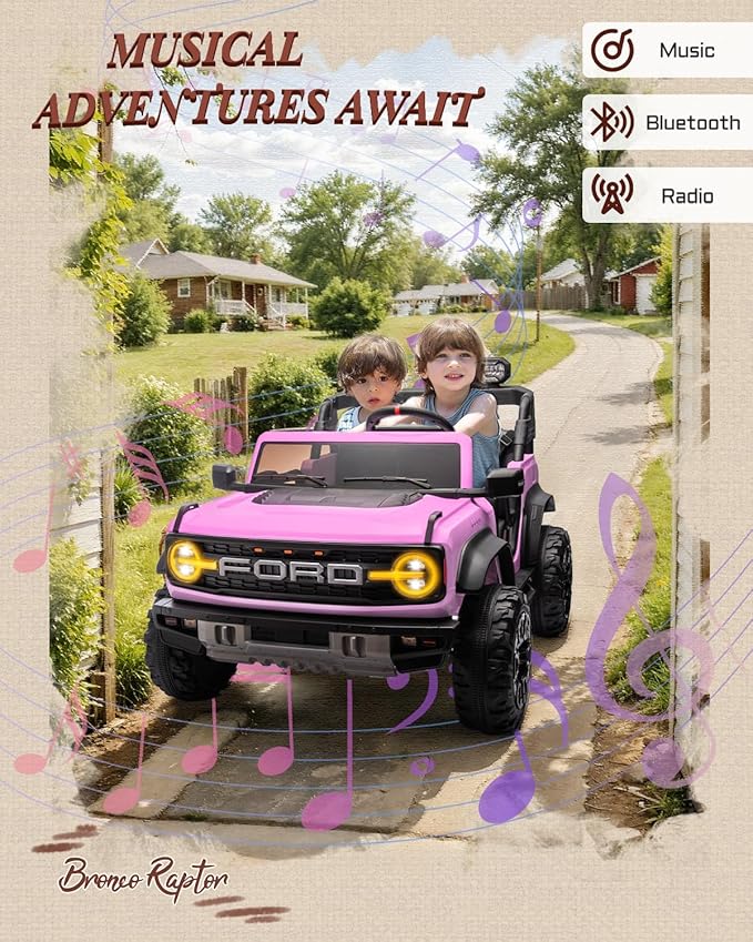 First Ride On 24V Ride on Toys for Big Kids, Licensed Ford Bronco Raptor 2 Seater Ride on Cars with Remote Control, Ride on Truck w/ 4-Wheeler Suspension, 3 Speeds, Led Lights, Bluetooth (24V, Pink) | First Ride On, 24V, for Big Kids, 2 Seater, with Re...