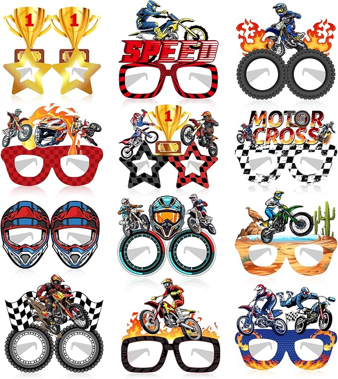 24 PCS Dirt Bike Party Paper Eyeglasses, Dirt Bike Party Favors Decorations Supplies, Motocross Birthday Party Decorations Gifts Photo Booth Props for Kids Boys Girls