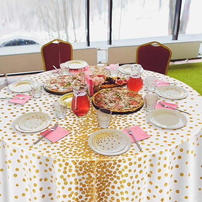 VitalCozy Round Dot Tablecloth 84 Inch Plastic Table Cover Polka Dot Confetti Tablecloths for Easter 2026 Graduation Prom Wedding Birthday Spring Party Supplies(White and Gold,12 Pcs)