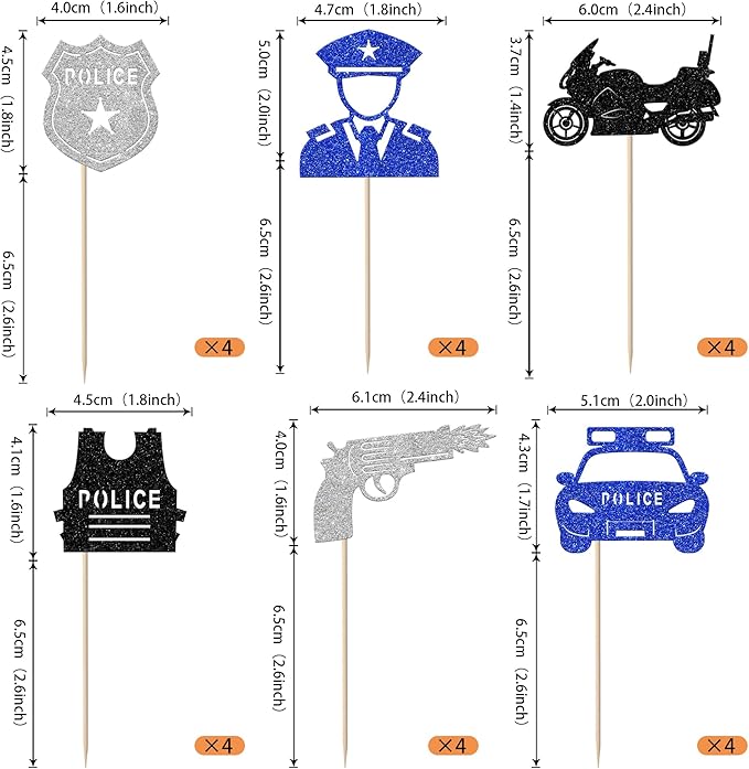 YCTHUNFISH 24 Pack Police Cupcake Toppers Glitter Policeman Police Officer Cupcake Picks Police Car Police Emblem Cake Decorations for Police Theme Kids Birthday Party Supplies Black Silver Blue