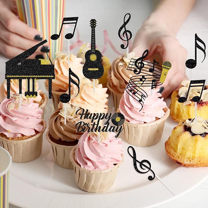 Hooqict 10Pcs Music Cake Decorations Set with Piano, Guitar, Music Notes, Happy Birthday Cake Toppers & Cupcake Toppers for Musician Birthday Party Decorations Supplies