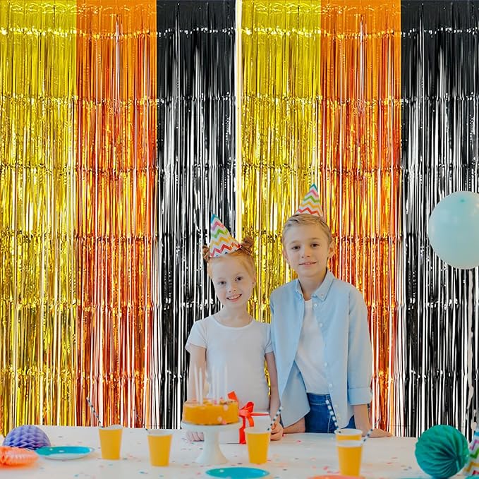 2 Pack Construction Foil Fringe Curtains, 3.3x6.6 ft Yellow Orange and Black Tinsel Fringe Streamers Photo Booth Backdrop for Construction Party Decoration, Birthday Party Supplies
