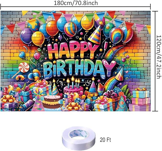 Graffiti Brick Wall Happy Birthday Backdrop Decorations Colorful Balloons Cake Gift Boxs Banner Photo Background for Home Indoor Outdoor Birthday Party Decorations Supplies for Kids 70.8 x 47.2 Inch