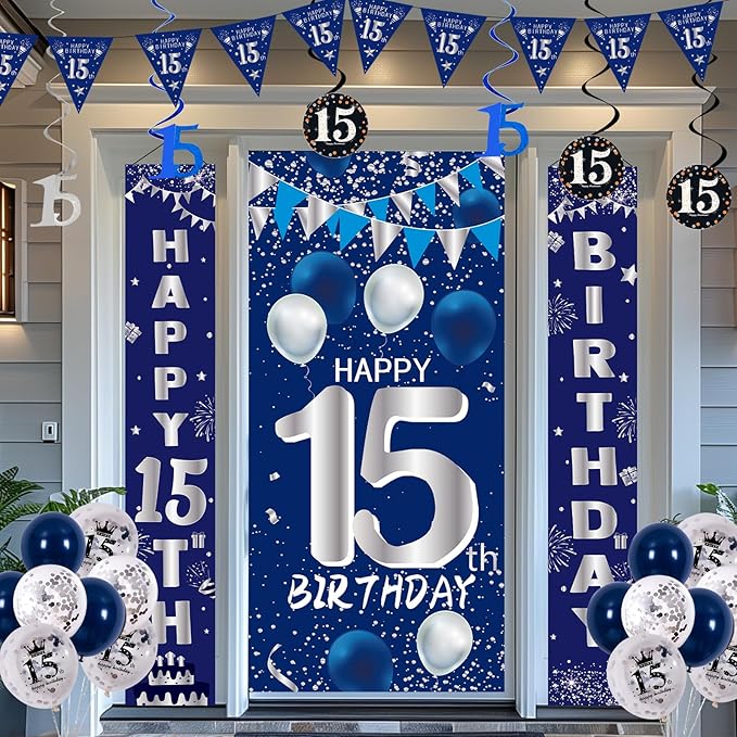 15th Birthday Decorations for Boys Girls, Navy Blue Happy 15th Birthday Door Banner Sign, 15 Years Old Party Supplies Teenagers Bday Backdrop Balloons Hanging Decors