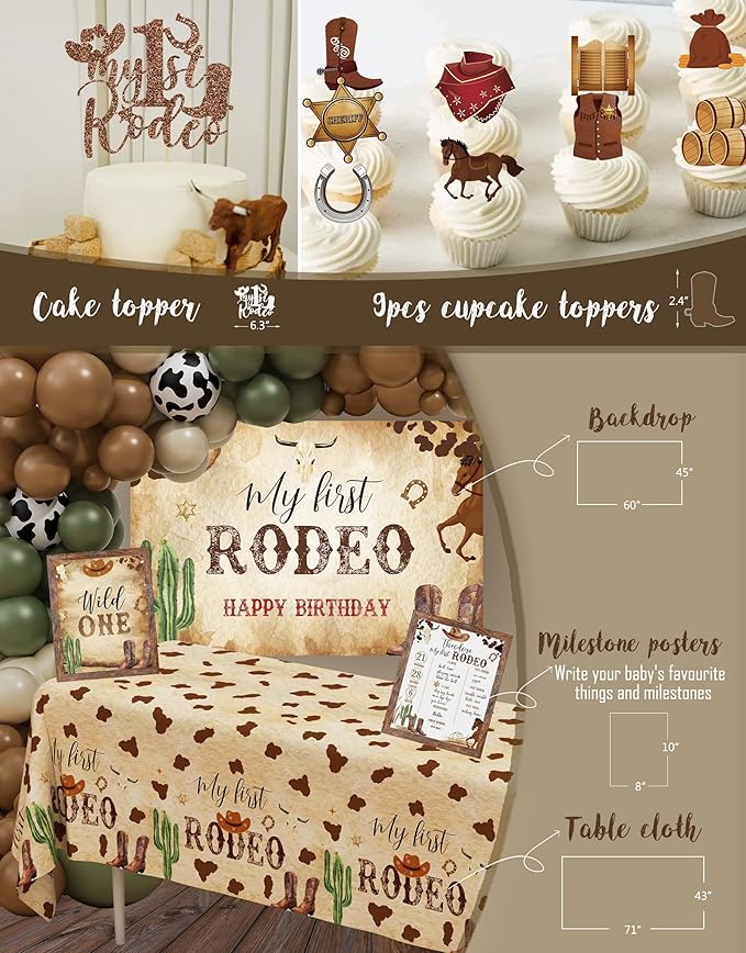 Western Cowboy 1st Birthday Decorations, My First Rodeo Birthday Party Supplies, Cowboy Balloon Arch Backdrop High Chair Banner ONE Box for Boys One Year Old Party