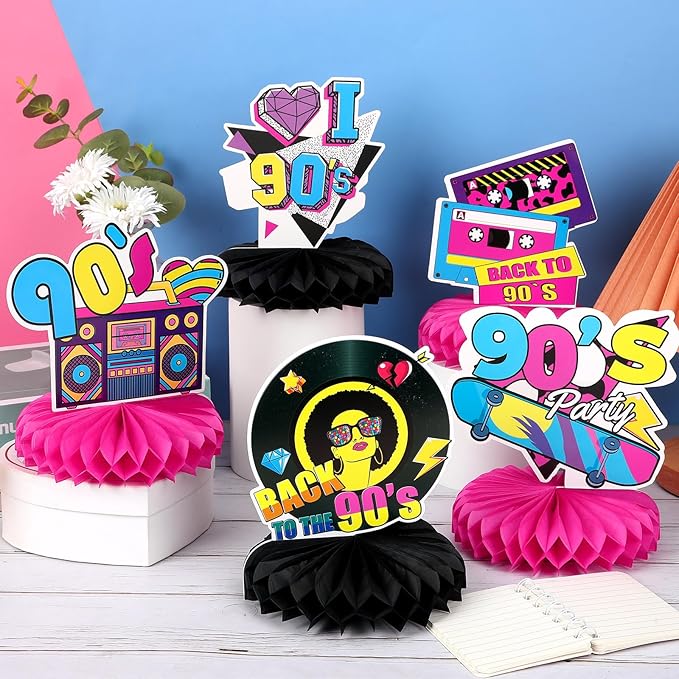 10 Pcs 90s Party Decorations, 90s Retro Honeycomb Centerpieces Back to 90s Party Table Centerpieces 1990s Vintage Birthday Party Favors Supplies 90s Themed Party Decorations