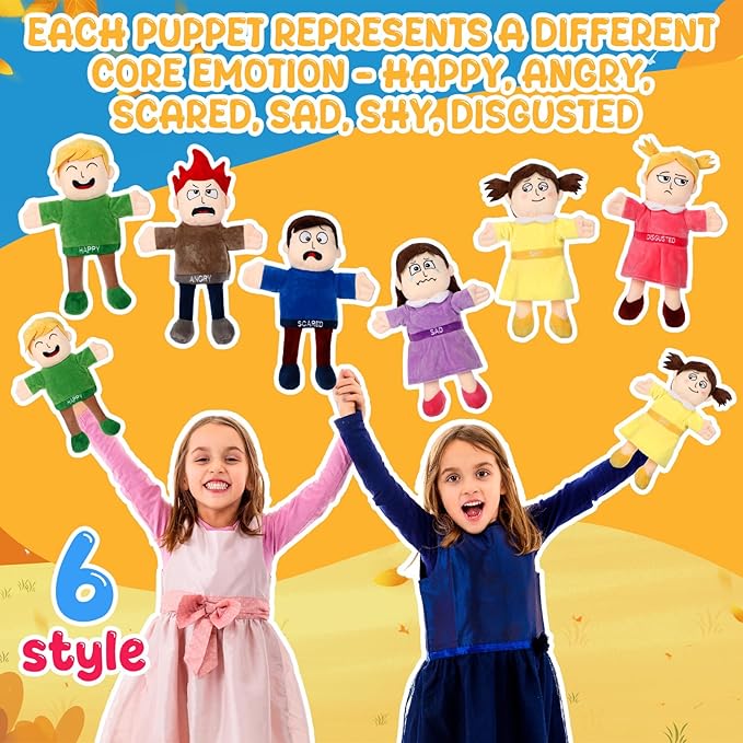 Lenwen 6 Pcs Feelings Hand Puppets for Kids, Emotions Toys, Soft Plush Sensory Puppets with Movable Limbs, Core Emotions Set for Storytelling, Social Emotional Learning Activities