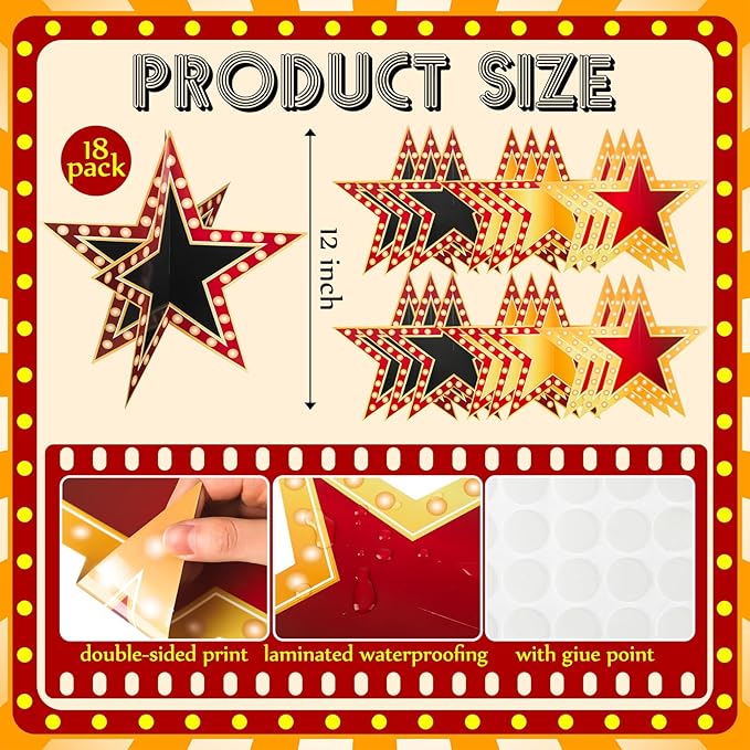 18 Pcs Large Star Centerpieces for Movie Night Party Decorations 12inch 3D Movie Party Supplies Star Decorations Red Carpet Film Show Theme Birthday Table Decor