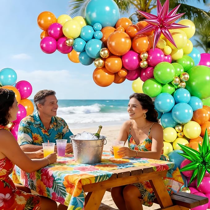 Summer Tropical Balloon Arch Kit 141Pcs Orange Hot Pink Yellow Blue Green Gold Balloons with Foil Star Balloons for Hawaiian Luau Aloha Theme Baby Shower Birthday Party Decorations