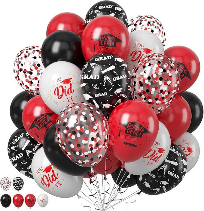 Graduation Party Decorations Balloons Set, 50PCS 12 Inch Black Red White Confetti Party Latex Balloon for Class Of 2025 Graduation Party Decoration Supplies