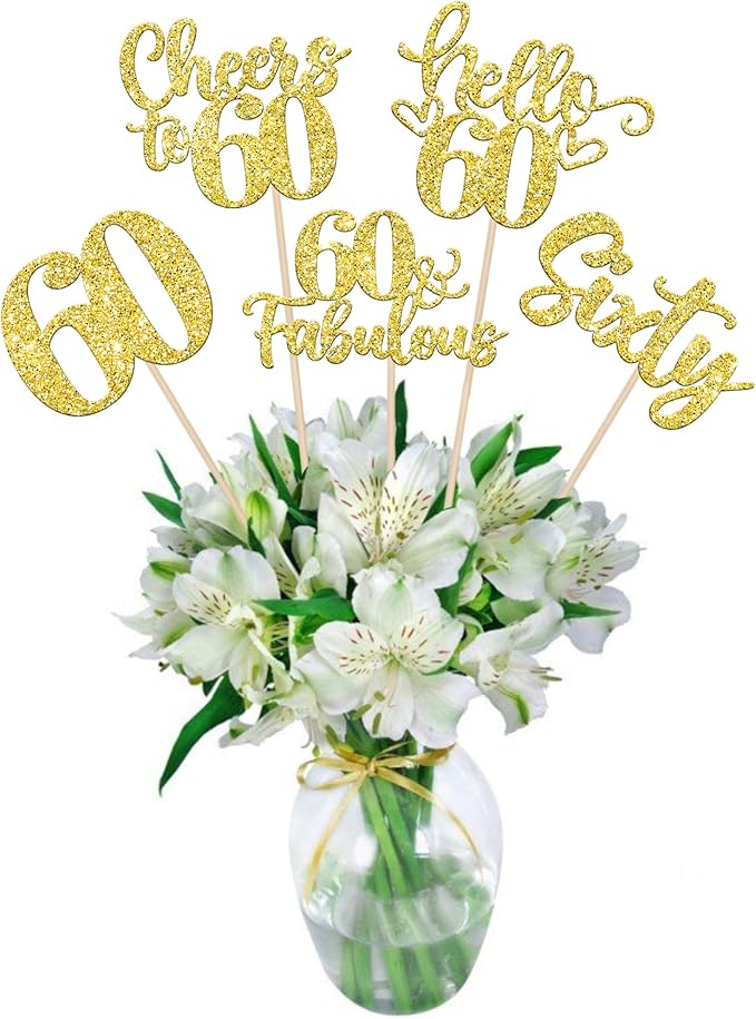 15PCS Happy 60th Birthday Centerpiece Sticks Hello 60 Fabulous Table Flower Centerpieces Sticks Sixty Cheers to 60 Years Floral Decoration for Happy 60th Birthday Party Centerpieces Sticks Gold