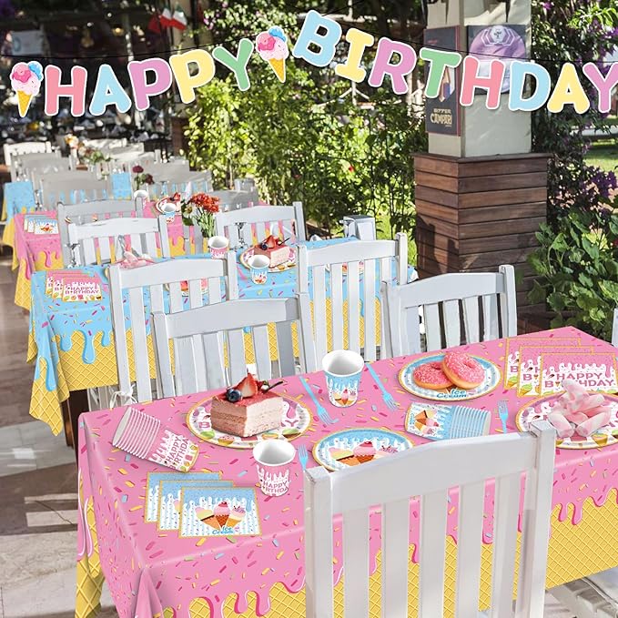 REDWORD Ice Cream Party Supplies, 2PCs Ice Cream Tablecloths Plastic Tablecloth Ideal Table Cover for Icecream Birthday Decoration Summer Themed Parties Girls’ Parties