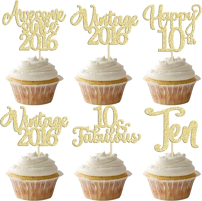 30Pcs Vintage 2016 Cupcake Toppers Glitter Happy 10th Birthday 10 Fabulous Cupcake Picks Cheers to 10 Years for 10th Birthday Wedding Anniversary Party Cake Decorations Supplies Gold
