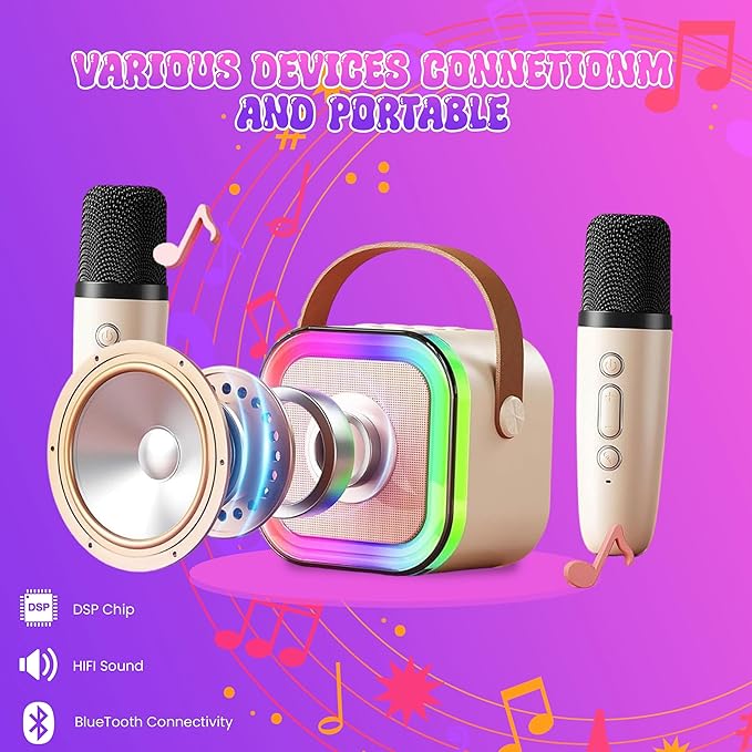 Mini Karaoke Machine Toy for Kids with 2 Wireless Microphones - Portable Bluetooth Kids Karaoke Machine, Fun Singing System for Children, Ideal Gift for Girls and Boys