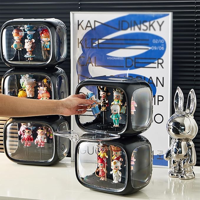 Display case for Figures with Light Adjustable Display Stand Clear Acrylic Display Box with Door Dust and Moisture Proof Suitable for Lego Collectibles Action Figures Pop Mart (Black)
