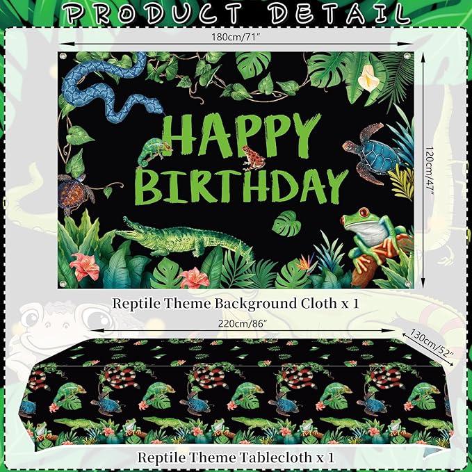 KEFAN Reptile Party Decorations, Wildlife Lizards Snakes Crocodiles Party Tableware Supplies including HAPPY BIRTHDAY Banner, Plates, Cups, Napkins, Tablecloth, Balloons (Backdrop)
