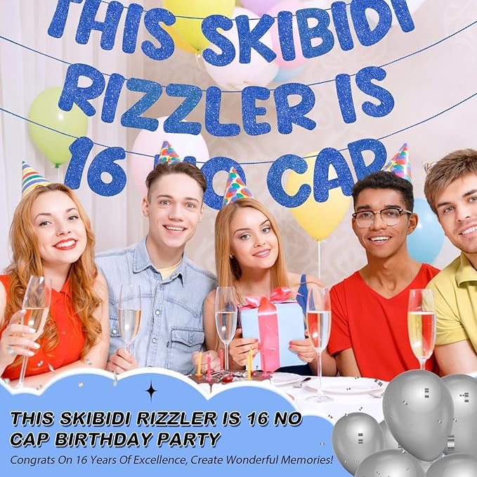 Fulmoon Pre Strung This Skibidi Rizzler Is 16 No Cap Glitter Banner 16th Birthday Party Decorations, Funny Birthday Sign, Party Supplies, Ideas, Gifts, Dark Blue