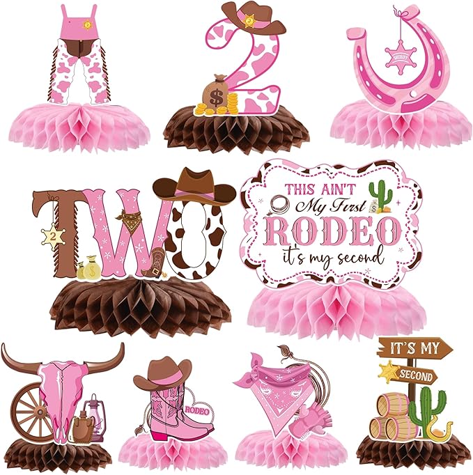 Gameza This Ain't My First Rodeo It's My Second Birthday Party Decorations, 9PCS Cowgirl 2nd Birthday Honeycomb Centerpieces Table Decorations, Western Rodeo Theme 2 Years Old Bday Decor for Girls