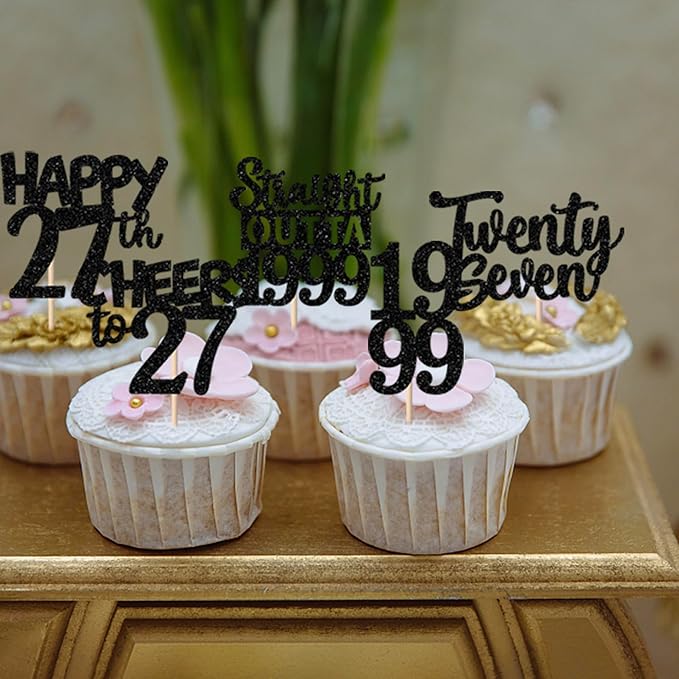 30PCS Black 27th Birthday Cupcake Toppers Glitter Twenty Seven Happy 27th Straight Outta 1999 Cupcake Picks for Cheers to 27 Years Birthday Wedding Anniversary Party Cake Decorations Supplies
