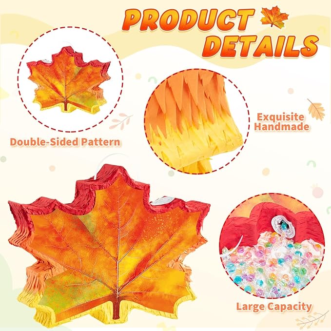 WERNNSAI Fall Leaf Piñata - Maple Leaf Piñata Thanksgiving Party Games for Kids Orange Autumn Hanging Leaves Decor Fall Festival Thanksgiving Family Party Favors with Blindfold