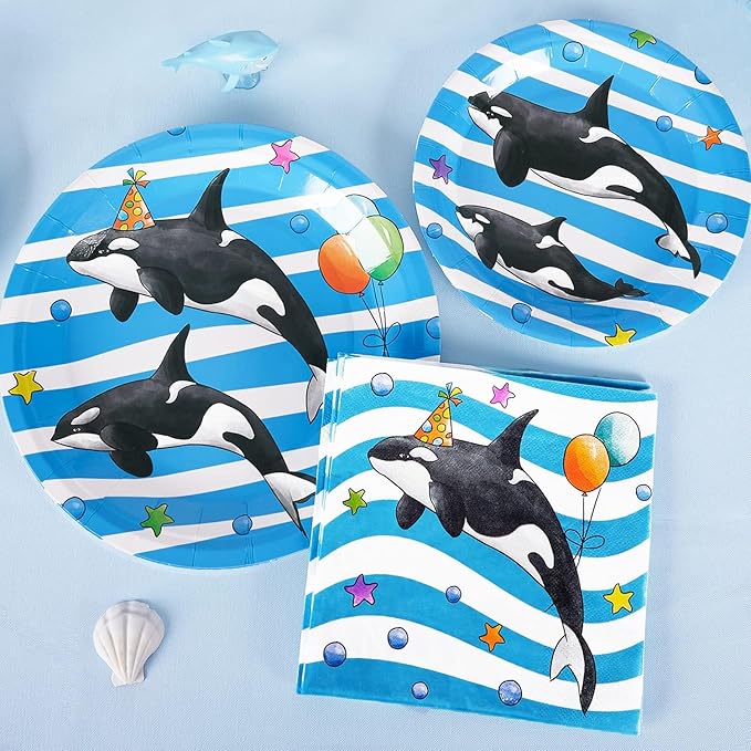 WERNNSAI Orca Party Plates and Napkins - 48 PCS Orca Birthday Party Supplies for Kids Blue Ocean Under the Sea Party Decorations Baby Shower Dinner Dessert Tableware Set Serves 16 Guests