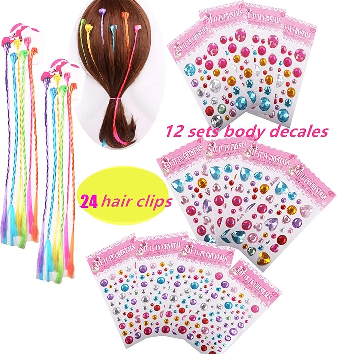 Spa Party Favors for Girls Multiple Spa Party Supplies (12 Tote Bags, 12 MINI Emery Boards,12 Colored Hair Clip Braids, 24 Toe Separators, 12 Body Jewels, 12 Unicorn Nail Decal Sets) with 1 or More