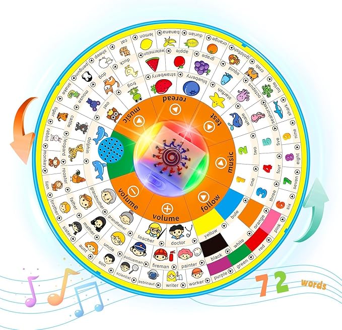 Age 1 2 3 Toddler Learning Words Pronunciation Machine,12 Month+ Kids Early Education Toys,Children Electronic Interactive Point Reader,with Music & RGB Lights,12.83inch Diameter Rotating Wheel