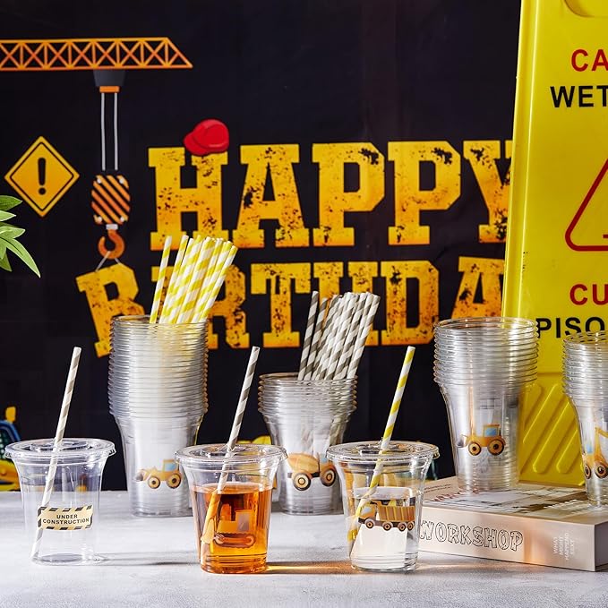 Boao 36 Sets Watercolor Construction Party Cups with Lids and Paper Straws 14 oz Disposable Clear Plastic Cups Bulk for Construction Birthday Party Favor Supplies Decorations