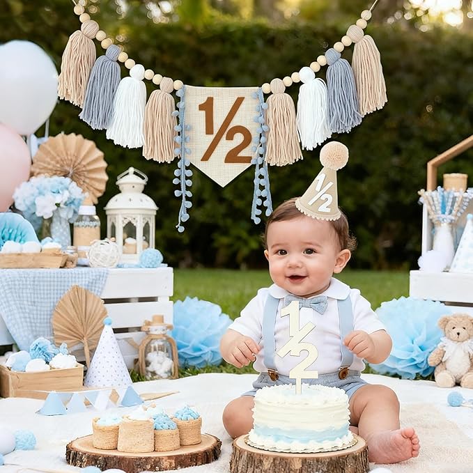1/2 Birthday Decorations For Baby Boys 6 Months Khaki Cone Birthday Hat With Cake Topper Happy Half Year Party Photoshoot Props