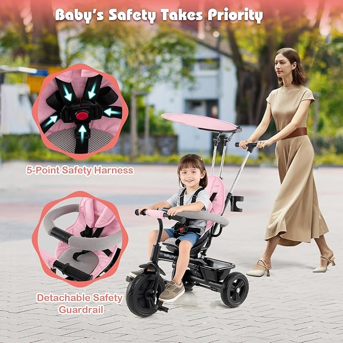 BABY JOY Toddler Tricycle, 7 in 1 Push Trike w/Adjustable Canopy, Parent Push Handle, Seat & Footrests, 5-Point Safety Harness and All-Terrain EVA Wheels, Kids Stroller Bike for 9-60 Months (Pink)