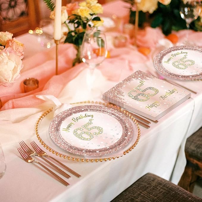 65th Birthday Decorations for Women Rose Gold 65th Birthday Party Paper Plates and Napkins 65 Years Old Table Decorations Happy Sixty-five Years Old Tableware for Woman Vintage 1961 65 Years Party