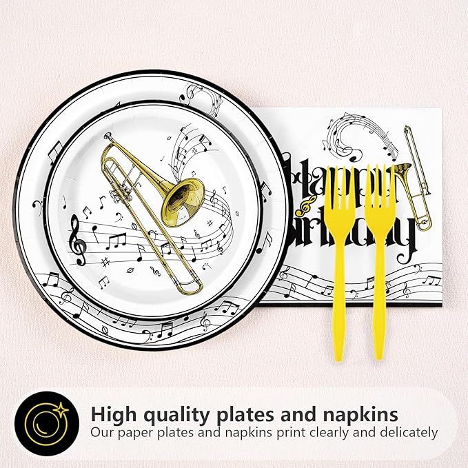 96Pcs Trombone Birthday Party Supplies Trombone Saxophone Birthday Plates and Napkins Musical Theme Birthday Tableware Set for Music Instrument Themed Party Supplies Serves 24