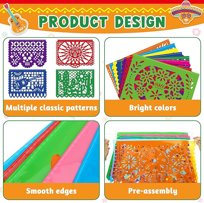 6 PCS Cinco De Mayo Banner, 110FT Colorful Fiesta Party Decorations, Plastic Hanging Papel Picado Mexican Banner for Dia De Los Muertos Decorations Day of Dead Altar Kit Fiesta Decor Party Favor