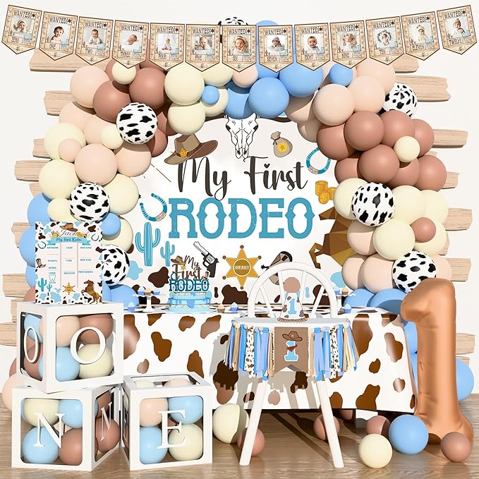 Cowboy 1st Birthday Decorations My First Rodeo Birthday Party Supplies Décor Western Cowboy First Backdrop Balloon Arch Boxes Number 1 High Chair Cowboy Banner for Cow First Rodeo Party Boy Decoration