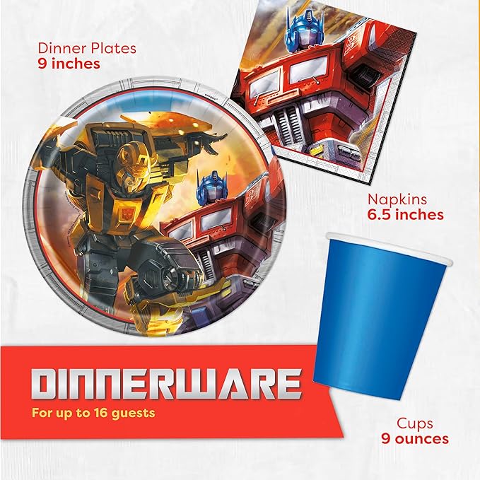 Transformers Birthday Party Supplies - Serves 16 | Transformer Tablecover, Plates, Napkins, Cups, Tattoo Party Favors, Buttons