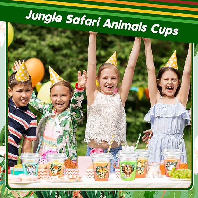 Boao 36 Set Jungle Safari Animal Themed Party Favors Plastic Cups 14 oz Birthday Party Supplies Cups with Plastic Lids and Paper Straws for Jungle Safari Animal Theme Birthday Gift