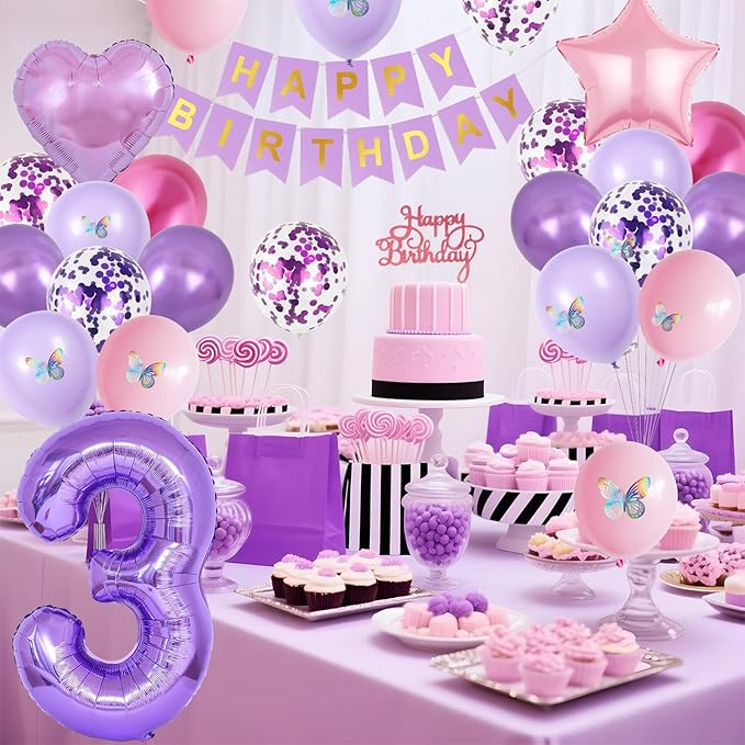 3rd Birthday Decoration for Girls,Pink Purple 3rd Birthday Balloon Number 3 Balloon with Butterfly Stickers Star Heart Foil Balloons Banner Princess Party Decoration for 3 Year Old Party
