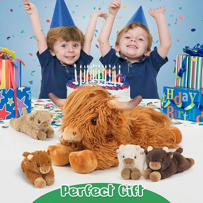 5PC Highland Cow Stuffed Animals with Babies Inside, 1 Mommy Highland Cow Plush & 4 Surprise Babies, Cute Soft Plush Toy for Kid Boy Girl Age 3-8, Gifts Ideal for Birthday, Christmas Imaginative Play