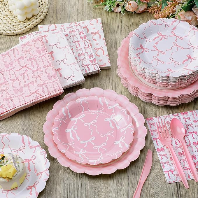 350 Pcs Pink Bow Birthday Party Supplies Include Bow Plates Napkins Disposable Tableware Set Coquette Birthday Decorations for Girls Wedding Bridal Baby Shower Serve 50 Guest
