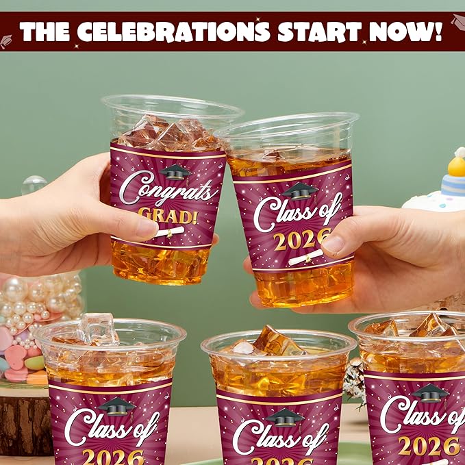 JOYIN 100 Pcs 16oz Graduation Party Plastic Cups (Maroon), Grad PET Cup Tableware Bulk for Class of 2026 Graduates, Disposable Cups for 2026 High School College Graduation School Grad Party Supplies