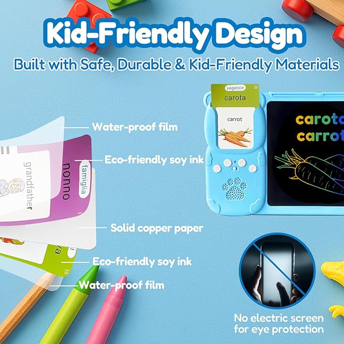 Drawing Tablet with Bilingual Flashcards for Kids - Italian English Talking Flash Cards, LCD Writing Pad Board, Pocket Speech for Toddlers, Learning Toy Gift for Boys Girls (Italian, Blue)