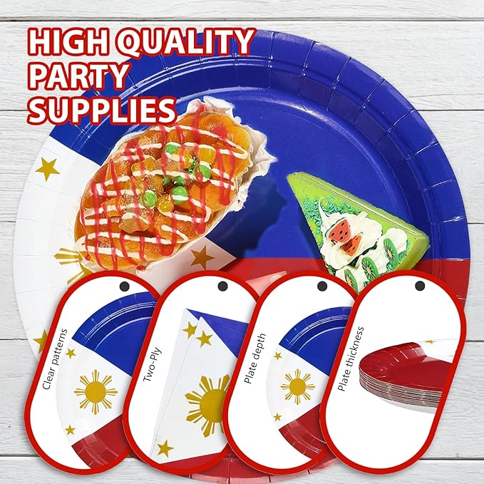 96Pcs Philippines Flag Party Supplies Philippine National Flags Plates and Napkins Philippine Independence Day Tableware Set for National Events Patriotic Festival Decorations，Serves 24