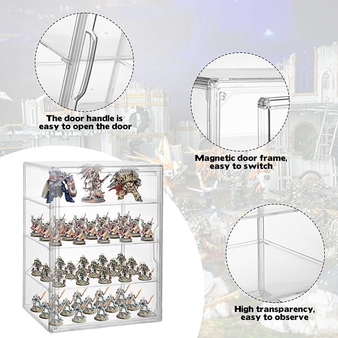 Clear Acrylic Miniature Storage Case for Collectibles Stackable Miniature Carrying Case Transport Action Figure Display case with Magnetic Door for Death Guard 40k Warhammer 40k Miniatures