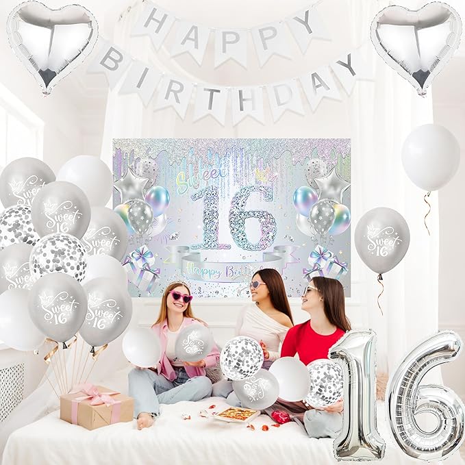 Sweet 16 Birthday Party Decorations for Girls - Colorful Silver 16th Happy Birthday Banner Heart Balloons Number 16, Photo Backdrop Crown Sash Party Supplies for Sixteen Years Old