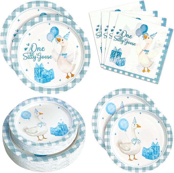 180PCS One Silly Goose Party Supplies Serve 60,Goose Theme Paper Plates and Napkins Kit for Baby Shower Birthday Party Decorations