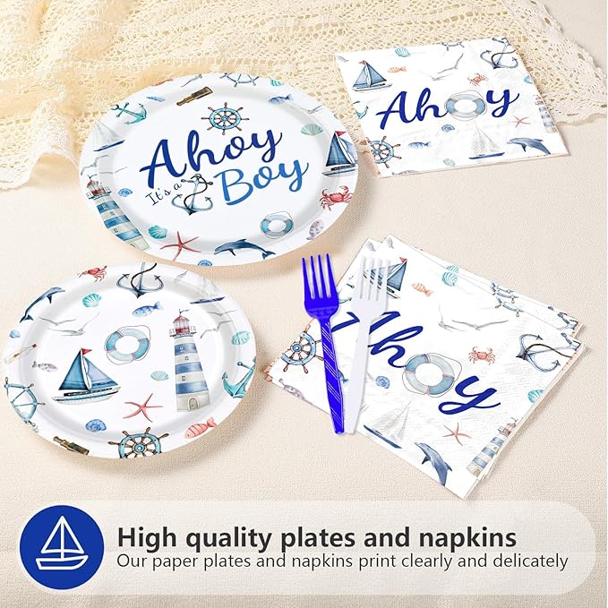 Grencian 96 Pcs Boy Nautical Party Decorations Oh It's A Boy Plates and Napkins Disposable Blue White Tableware Sets for Boys Baby Shower Baby Gender Reveal Birthday Sailing Party Supplies Serves 24