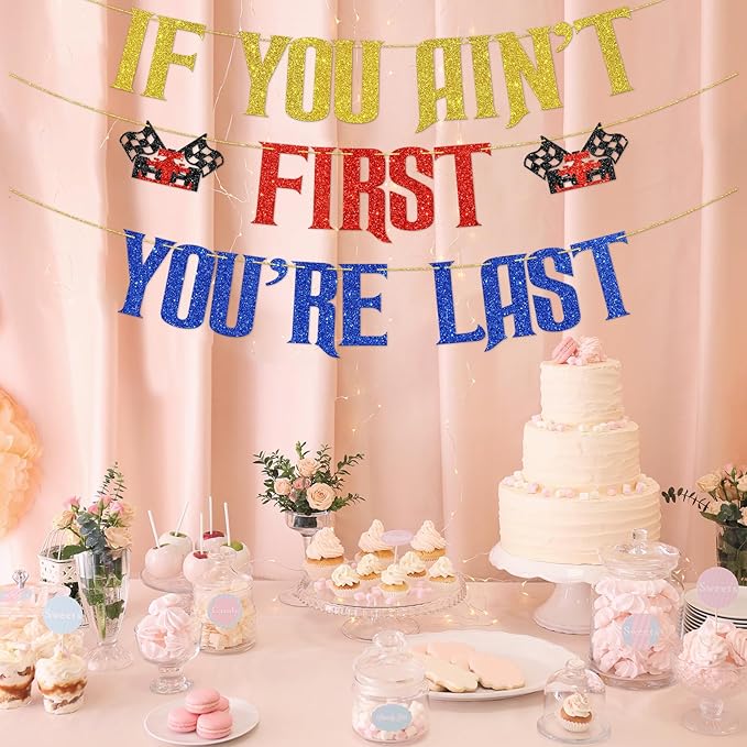 DUOMIMI If You Ain't First You're Last Banner Racing Theme Birthday Party Decorations for 1st Birthday Boy Checkered Flag Design Talladega Nights Party Supplies for Race Car Celebration Gold Red Blue Glitter
