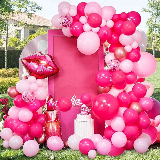 147pcs Pink Balloon Garland Arch Kit for Girls Birthday Party Supplies Set Red Lips and Lipstick Foil Mylar Kiss Balloons for Makeup Valentines Wedding Backdrop Decor